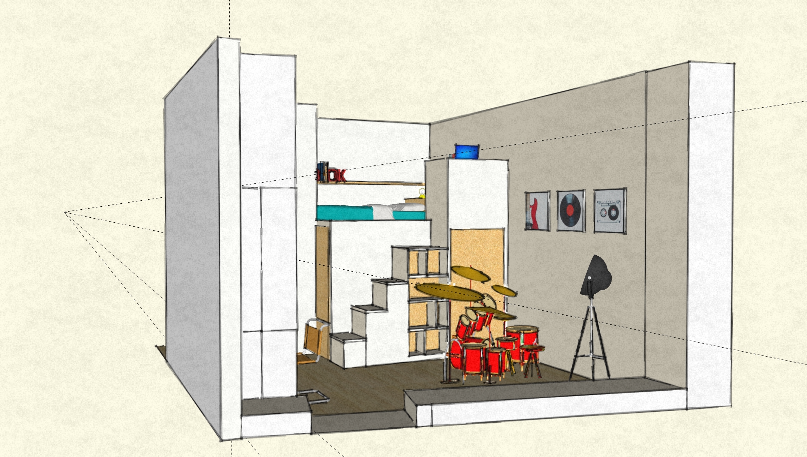 letto a soppalco attrezzato con armadio e libreria