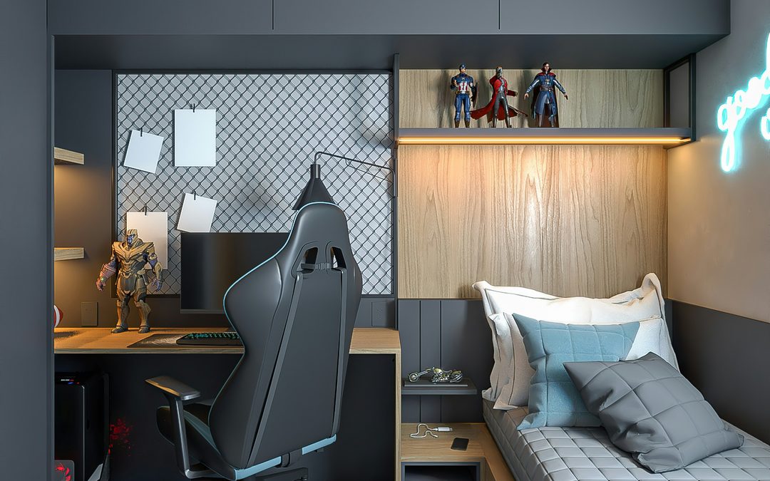 Render di una cameretta piccola di 9 mq con letto salvaspazio, armadio a ponte e zona studio per ragazzi