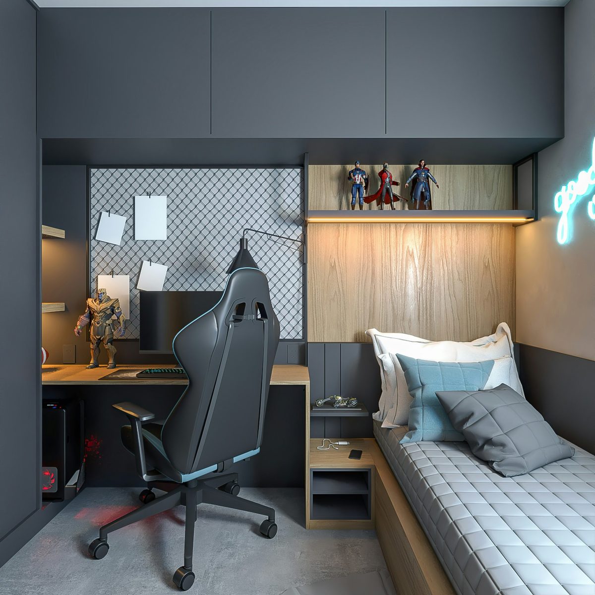 Render di una cameretta piccola di 9 mq con letto salvaspazio, armadio a ponte e zona studio per ragazzi